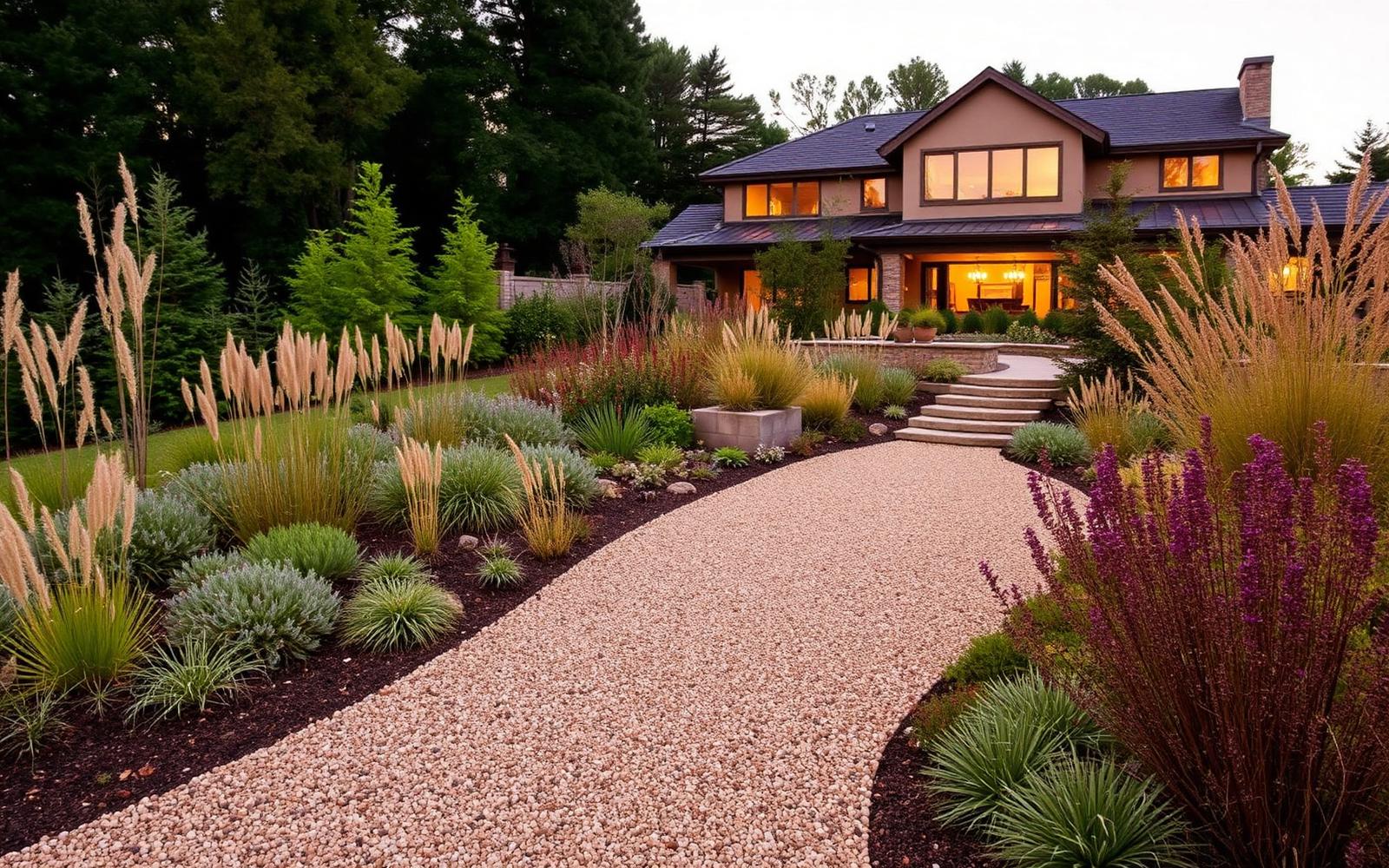 Wide residential garden with layered native planting and a gravel path leading to a lit home