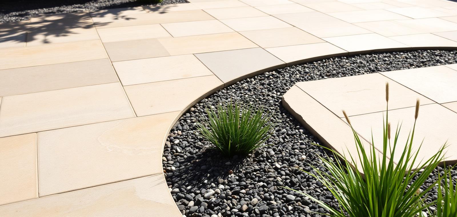 Detail of limestone paving meeting river gravel and low ornamental grasses