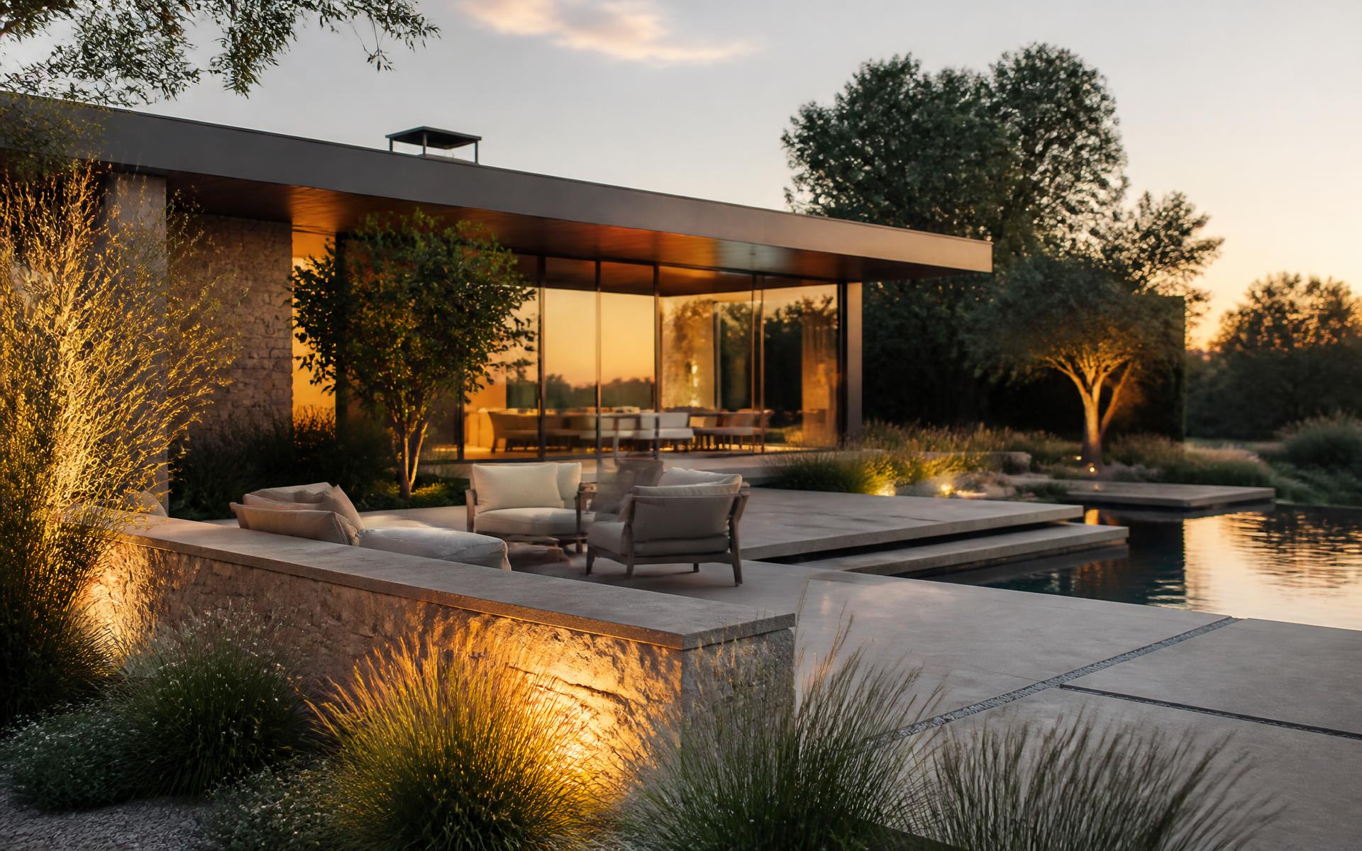 Modern Austin residence at dusk with limestone terrace, layered planting and warm garden lighting