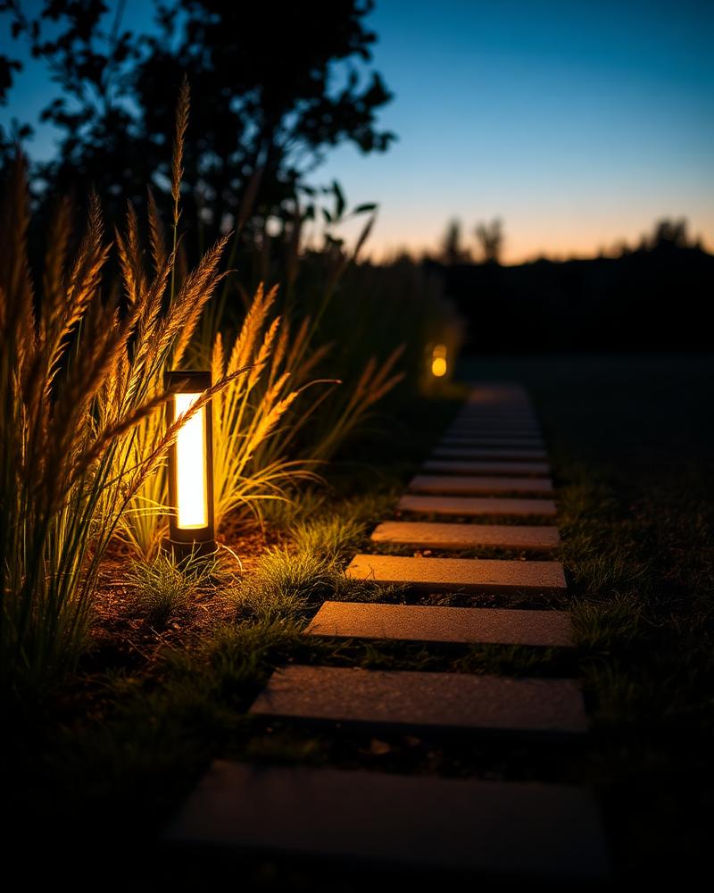 Warm landscape path light glowing beside planting at dusk