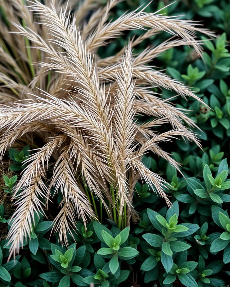 Close view of ornamental grasses and green foliage