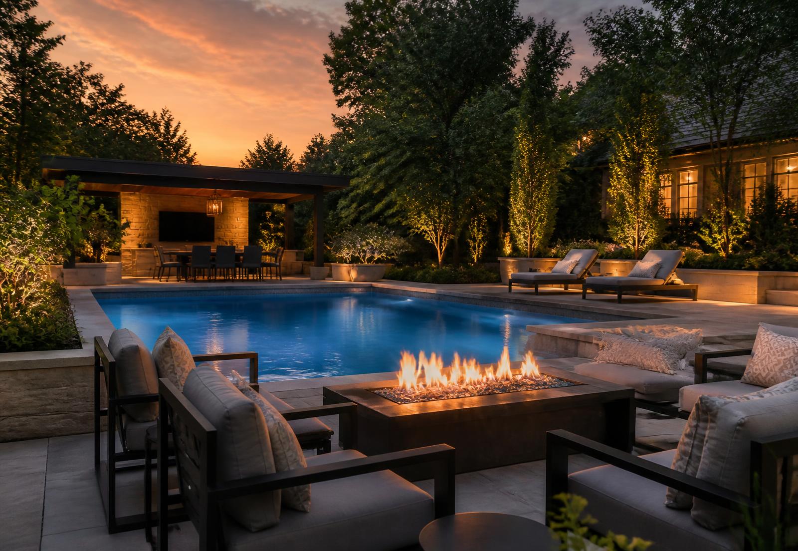 Poolside outdoor living area at dusk with lounge seating, fire feature and lit planting