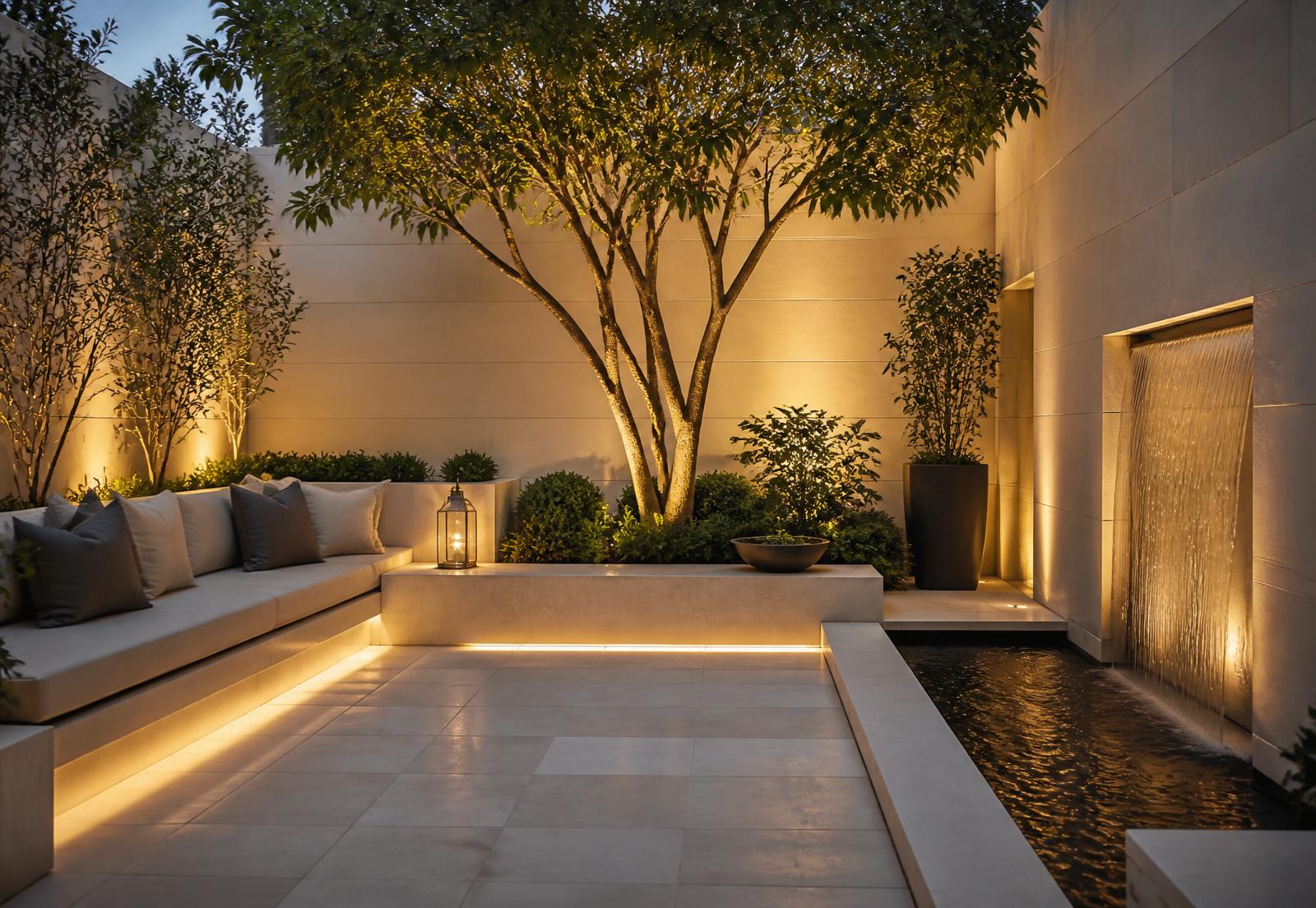 Concept courtyard landscape with limestone paving, specimen tree, built-in bench and water feature at dusk